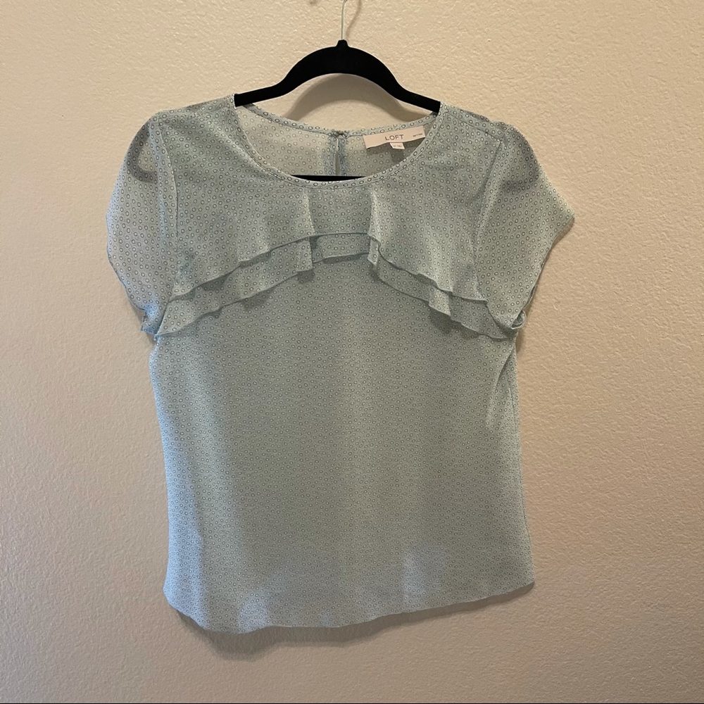LOFT Sheer Blue Dot Ruffle Keyhole Blouse Medium Petite